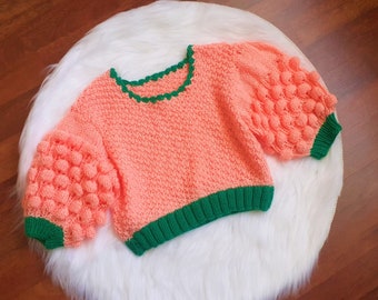 Knit Vest, Crochet Orange Vest, Balloon Sleeve Sweater, Knit Crop Vest, Kawaii, Harajuku Sweater, Cottagecore, Gift for Her