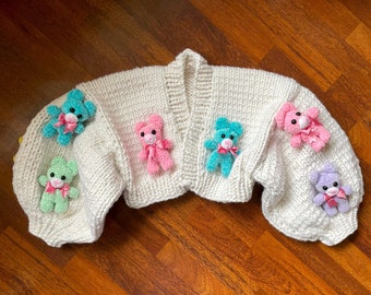 Knit Chunky Pastel Teddy Bear Cardigan, Kawaii Colorful Oversized Bear Cardigan, Cute Teddy Bear Sweater, Teddy Bear Jacket, Rainbow Bears