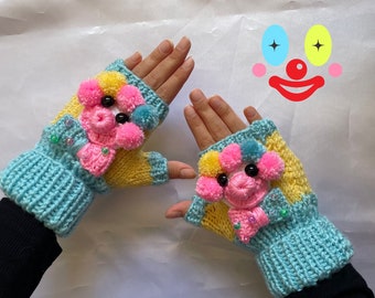 Knit Kawaii Clown core Fingerless Gloves, Cute Pastel Clown Mittens, Colorful Funny Gloves, Clown Circus Accessories, Big Comfy Couch