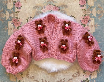 Chunky Knit Pink Cardigan, Teddy Bear Cardigan, Teddy Bear Jacket, Bear Cardigan with bows, Kawaii Bear Cardigan, Toy Jacket, Care Bears