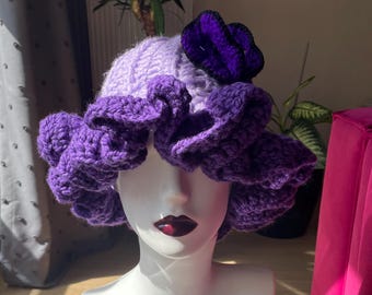 Crochet ruffle bucket hat, autumn cozy knit hat, butterfly purple hat, festival hat, crochet hat, winter hat, purple knitted hat, gift her