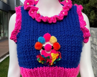 Knit Colorful Clown Vest, Clown core Crop Sweater, Clown Sweater with Collar, Cute Circus Clothes, Clown Circus Costume, Big Comfy Couch