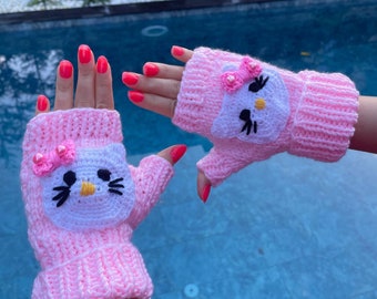Knit Pink Hello Kitty Fingerless Gloves, Kawaii Kitty Mittens, Cute Anime Harajuku Gloves, Sanrio Hello Kitty Accessories, Wrist Arm Warmers