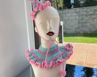 Crochet Pastel Jester Clown Set, Pink Blue Lilac Circus Collar with Pompoms, Cute Clown Hat and Collar, Clown core Cosplay Costume Neck Ruff