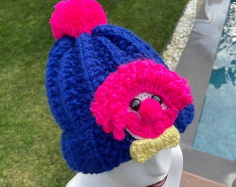 Knit Silly Clown Beanie, Clown Hat, Navy Pink Colorful Circus Beanie, Pompom Wool Beanie, Big Comfy Couch, Clown Accessories, Cosplay Hat