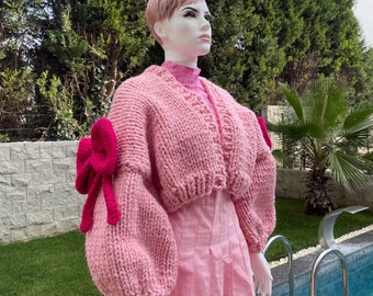 Knit Chunky Bow Coquette Cardigan, Pink Bow Coquette Sweater, Cute Kawaii Japanese Cardigan, Harajuku Style Bow Jacket, Cardigan for women