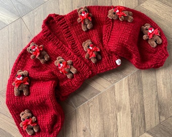 Chunky Knit Red Cardigan, Teddy Bear Cardigan, Teddy Bear Jacket, Bear Cardigan with bows, Kawaii Bear Cardigan, Cute Toy Jacket, Care Bears