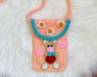 Knit Bear Crossbody Bag, Cute Bear Bag, Daisy Bag, Bear Phone Case, Kawaii Accessories, Teddy Bear Accessories, Crossbody Bag for Women