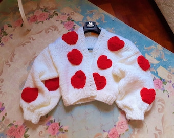 Knit Chunky Heart Cardigan, Red Heart Cardigan, White Cardigan, Oversized Knitted Cardigan, Kawaii, Kawaii Cardigan, Valentines Day Gift