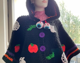Knit Halloween Themed Cloak, Black Cloak with Hood, Halloween Knitwear, Bat Ghost Pumpkin Spider Cloak, Halloween Costume, Ready to Ship