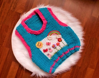 Knit Daisy Chunky Vest, Pink and Blue Daisy Vest, Sheep Vest, Rainbow and Cloud Vest, Kawaii, Kawaii Clothes, Kawaii Vest, Gift for her