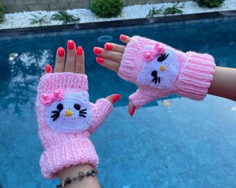 Knit Pink Hello Kitty Fingerless Gloves, Kawaii Kitty Mittens, Cute Anime  Harajuku Gloves, Sanrio Hello Kitty Accessories, Wrist Arm Warmers
