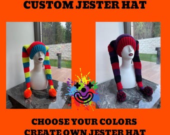 CUSTOM JESTER HAT- Knit Long Jester Harlequin Hat, Colorful Clown Jester Hat, Funny Jester Pompom Hat, Clown Costume, Clown Accessories
