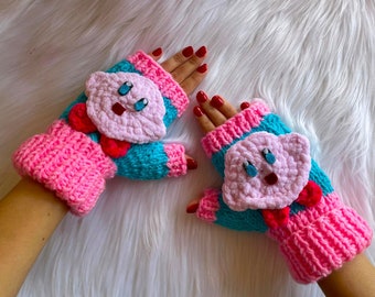 Knit Kirby Fingerless Gloves, Kirby Mittens, Pink Gloves, Kirby Accessories, Cute Kirby, Winter Gloves, Gloves for Women, Kawaii