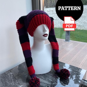 PDF ANLEITUNG Stricken langer Jester Harlekin Hut, Anleitung Clown Spaßvogel Hut, Anleitung Lustiger Spaßvogel Pompoms Hut, Anleitung Clown Kostüm Hut