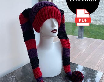 PDF PATTERN Knit Long Jester Harlequin Hat, Pattern Tutorial Clown Jester Hat, Pattern Funny Jester Pompoms Hat, Pattern Clown Costume Hat