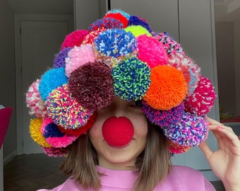 Crochet Colorful Bucket Hat, Funny Rainbow Pom Pom Hat, Pom Pom Beanie, Clown core Hat, Circus Clown Custome, Festival Party Hat for women