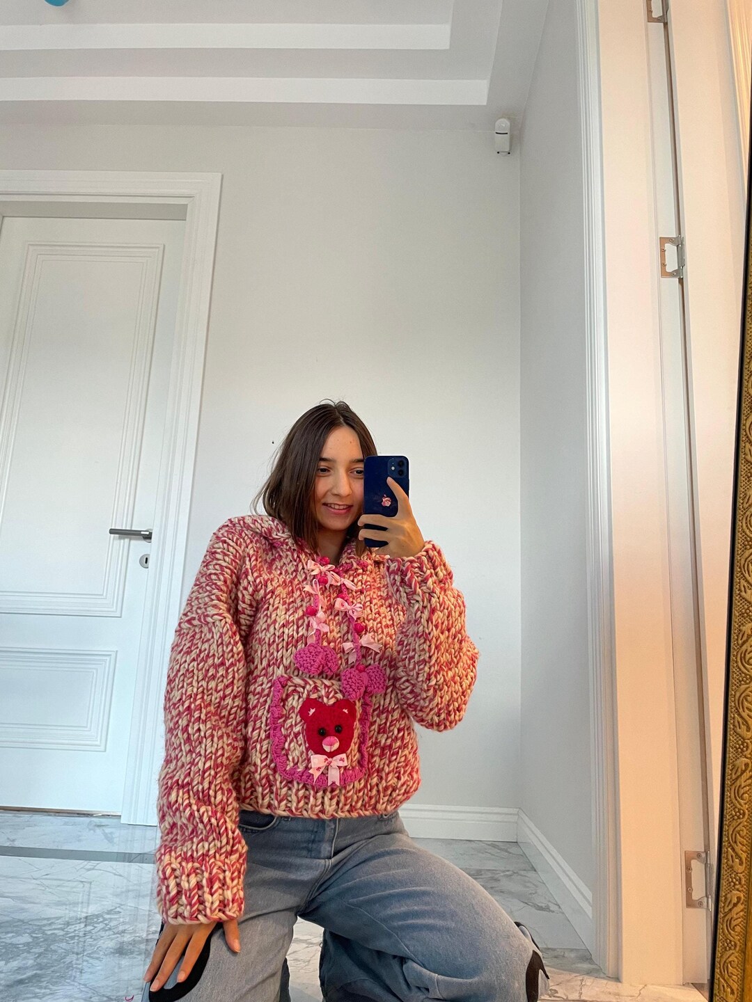 Knit Pink Teddy Bear Hoodie, Cute Kawaii Bear Hoodie Sweatshirt ...