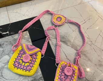 Crochet Cotton Harness Bag Set, Pastel Cotton Holster Bag, Women Travel Harness Bag, Holster with Pouches and Key Rings, Festival Belt