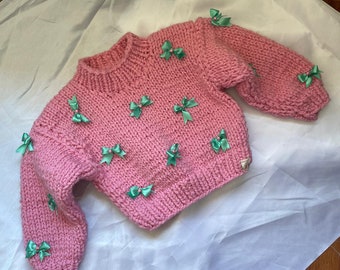 Knit Coquette Ribbon Sweater, Y2K Sweater, Pink Coquette Sweater with mint bow, Bow Jacket, Lolita Sweater, Kawaii Sweater, Gift for Her