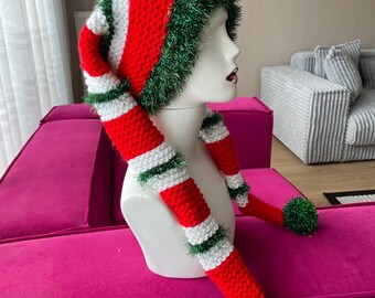 Knit Long Jester Harlequin Hat, Christmas Clown Jester Hat, Cute Xmas Hat, Funny Jester Pompoms Hat, Clown Costume, Clown Accessories