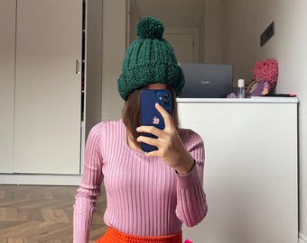 Knit Forest Green Beanie, Cute Pompom Beanie, Basic Dark Green Beanie, Green Pompom Hat, Green Hat, Cozy Wool Beanie, Gift for Christmas