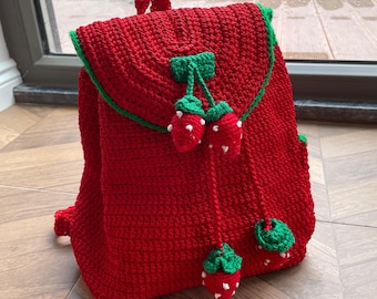 Crochet Strawberry Backpack, Kawaii Red Strawberry Bag, Cute Fruit Themed Backpack, Cotta gecore Style Backpack, Strawberry Accessories