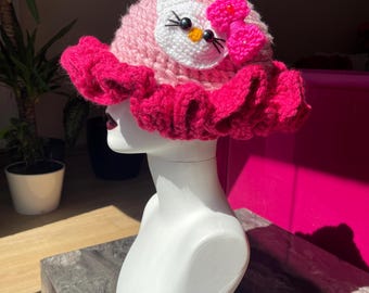 Crochet ruffle bucket hat, Hello Kitty knit hat, pastel kawaii hat, festival hat, crochet hat, winter hat, pink knitted hat, gift her