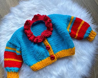Knit Colorful Clown Baby Cardigan, Baby Clown core Sweater, Clown Cardigan with Collar, Clown Children's Cardigan, Funny Costume for Baby