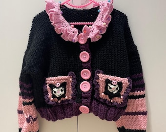Knit Kawaii Kuromi Cardigan, Pastel Gothic Creepy Cute Style Cardigan, Cute Japanese Anime Cardigan , Chunky Sanrio Cardigan, Clown Cardigan