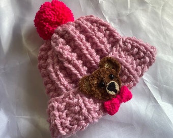 Knit Pink Teddy Bear Beanie, Kawaii Teddy Bear Hat, Cute Pompoms Pink Bear Beanie, Hot Pink Cute Kawaii Beanie, Winter Hat, Wool Beanie