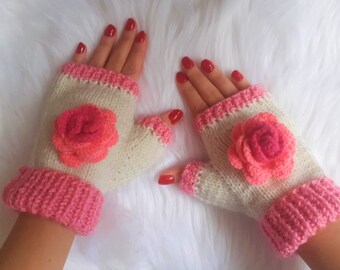 Knit Rose Fingerless Gloves, Rose Mittens, Romantic Pink Gloves, Winter Gloves, Gloves for women, Rose, Kawaii, Kawaii Accessories