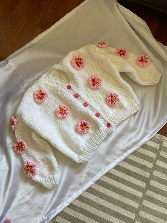 Knit White Sakura Cardigan, Pink Cherry Blossom Cardigan