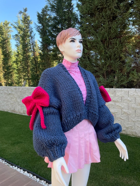 Knit Chunky Bow Coquette Cardigan, Navy Pink Coquette Sweater, Cute Kawaii Japanese Cardigan, Harajuku Style Bow Jacket, Cardigan for women