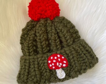 Gorro de punto con forma de seta, Gorro de seta adorable, Gorro rojo con pompón, Gorro kawaii, Gorro para mujer, Gorro de lana, Regalo para mujer
