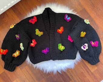Cardigan lavorato a maglia con motivo a farfalla, cardigan con motivo a farfalla nero gotico, maglione con motivo a farfalla kawaii, cardigan da donna, cardigan con motivo a cottage floreale