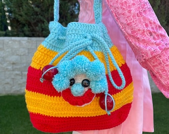 Borsa da clown felice all'uncinetto, borsa da giocoliere con cuore da clown, borsa a tracolla all'uncinetto, borsa da circo colorata, divertenti accessori da clown, grande e comodo divano