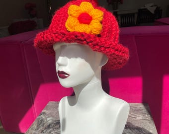 Crochet romantic bucket hat, autumn cozy knit hat, daisy hat, festival hat, flower crochet hat, winter hat, red knitted hat, gift her