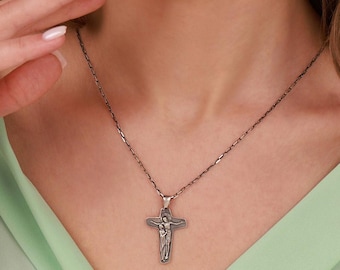 Sterling Silver Unity Cross Necklace, Jesus Crucifix Necklace with Virgin Mary