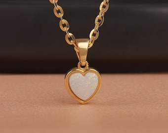 Dainty opal necklace in heart shape, 14K gold heart necklace with white opal, Promise necklace for girlfriend gift