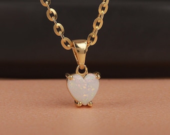 Heart opal necklace in gold plated or silver, 14K gold bridal necklace with white opal, Rose gold necklace for her