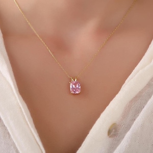 Radiant cut pink tourmaline necklace for her, Dainty gemstone necklace in rose gold, October birthstone necklace for mom