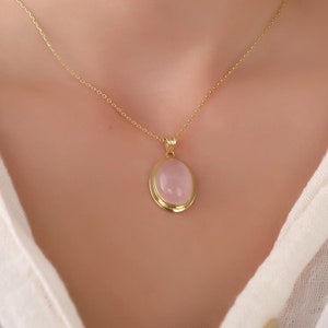 Collar de cuarzo rosa en oro o plata de 14 quilates, Collar estético con piedra preciosa, Collar llamativo, Colgante de cuarzo rosa