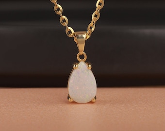 Opal teardrop necklace in gold or silver, Promise necklace for girlfriend, Good luck charm necklace with white opal