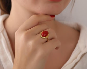 Red coral ring for statement in silver or 14K gold, Cocktail ring for girlfriend gift, Chunky ring for anniversary gift