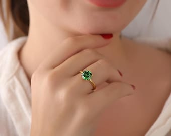 Round Cut Emerald Solitaire Ring: Sterling Silver, Gold Vermeil