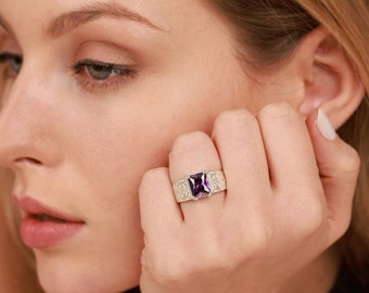 Radiant cut amethyst ring with engraved motif, Promise ring for her or him, Large stone ring with Victorian leaf on side