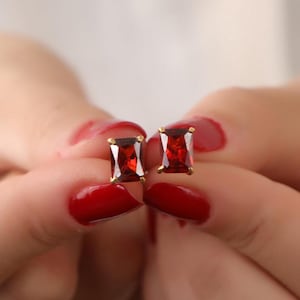 Radiant cut garnet earrings in 14K gold, Sparkle gemstone stud earrings for women, January birthstone earrings