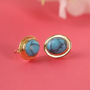 Turquoise earrings studs for mom birthday gift, Turquoise stud earrings in gold, Statement earrings, Gemstone earrings