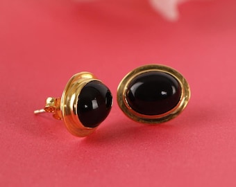 Gold Vermeil Black Onyx Stud Earrings, Sterling Silver, Elegant Gemstone